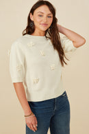 HY8509 Ivory Womens Hand Knit Floral Patch Sweater Top Front