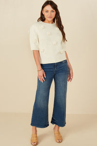 HY8509 Ivory Womens Hand Knit Floral Patch Sweater Top Gif