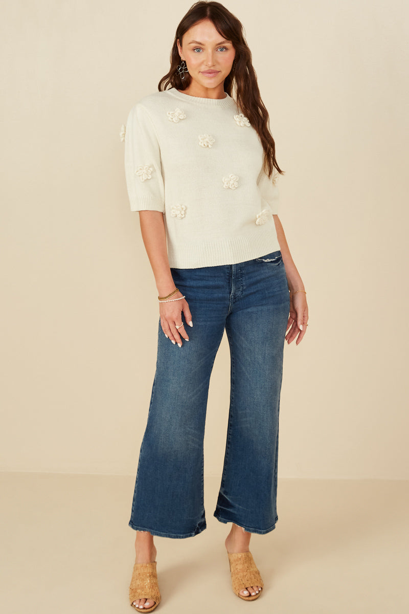 HY8509 Ivory Womens Hand Knit Floral Patch Sweater Top Gif