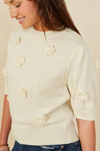 HY8509 Ivory Womens Hand Knit Floral Patch Sweater Top Full Body