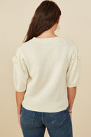 HY8509 Ivory Womens Hand Knit Floral Patch Sweater Top Detail