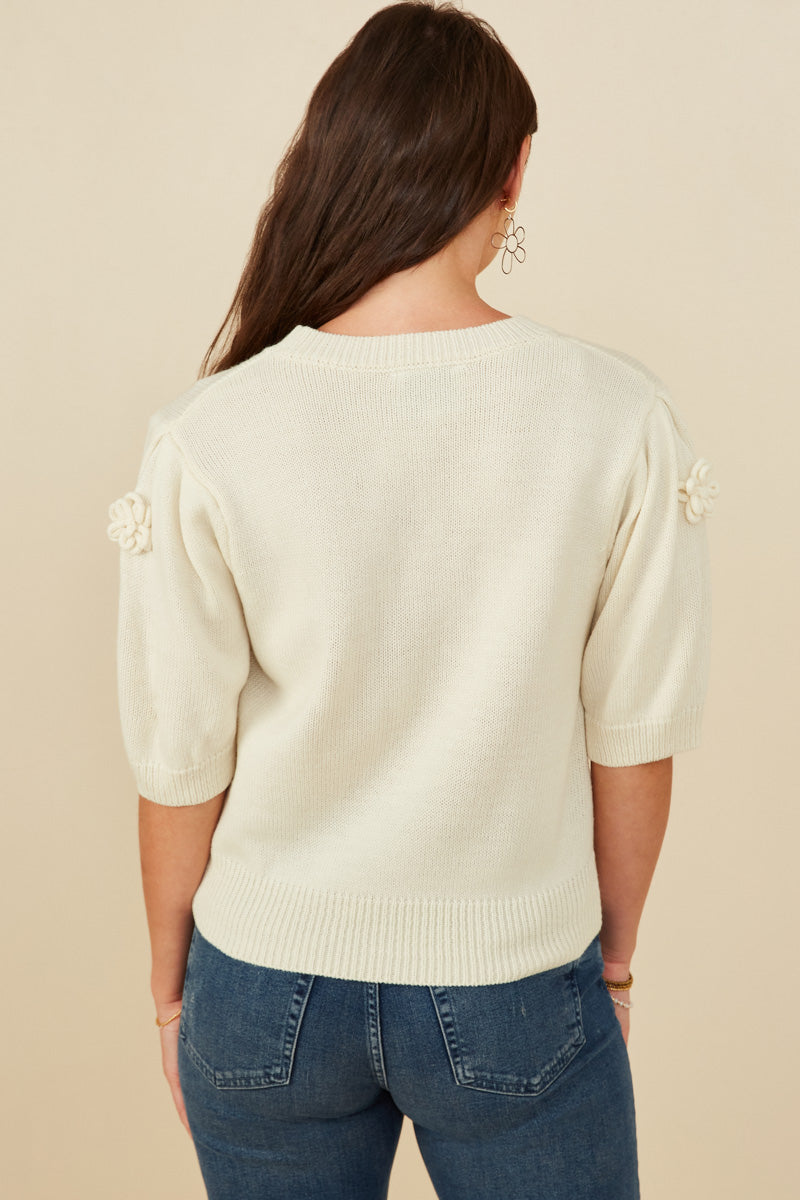 HY8509 Ivory Womens Hand Knit Floral Patch Sweater Top Detail