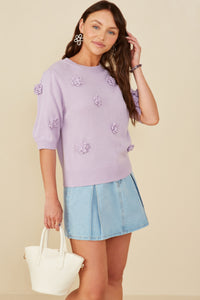 HY8509 Lavender Womens Hand Knit Floral Patch Sweater Top Front