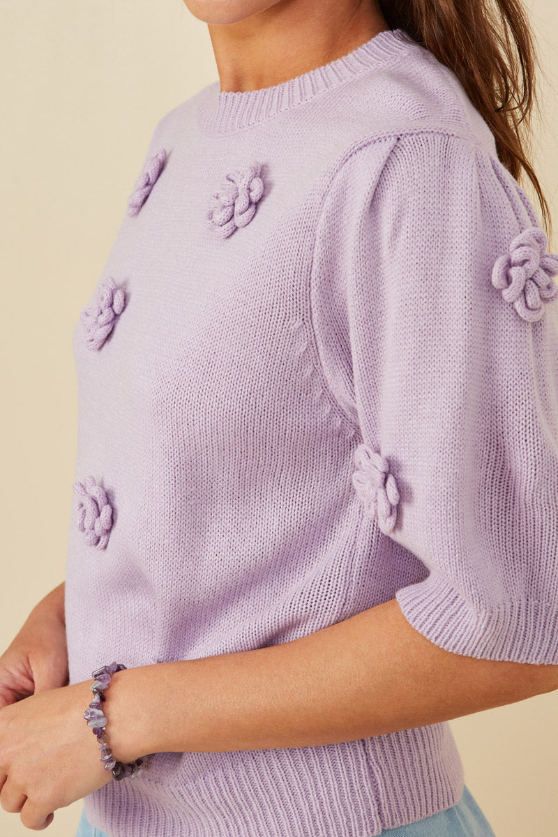 HY8509 Lavender Womens Hand Knit Floral Patch Sweater Top Full Body
