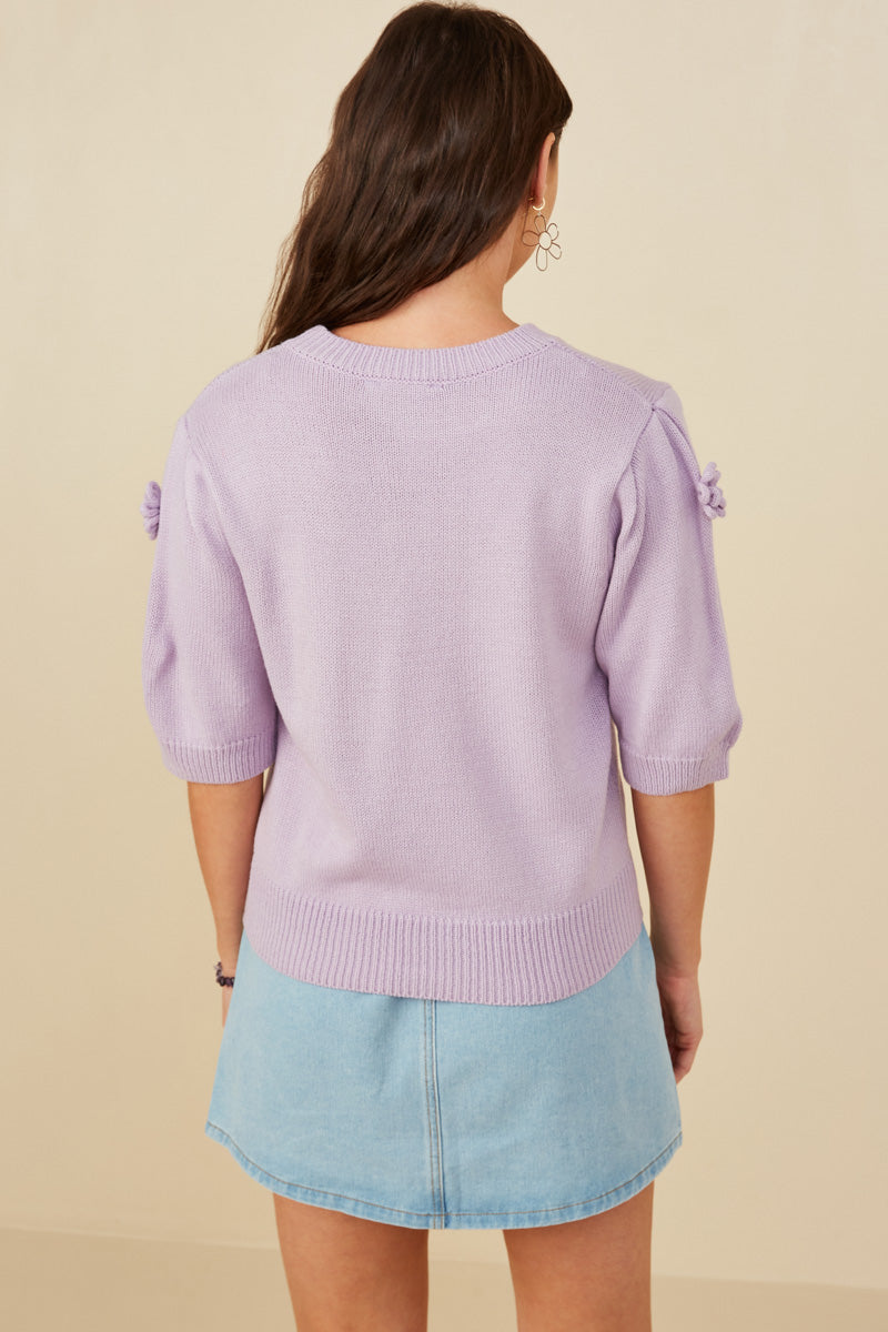 HY8509 Lavender Womens Hand Knit Floral Patch Sweater Top Detail