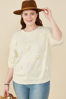 HY8509W Ivory Plus Hand Knit Floral Patch Sweater Top Front