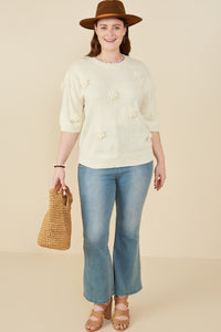 HY8509W Ivory Plus Hand Knit Floral Patch Sweater Top Gif