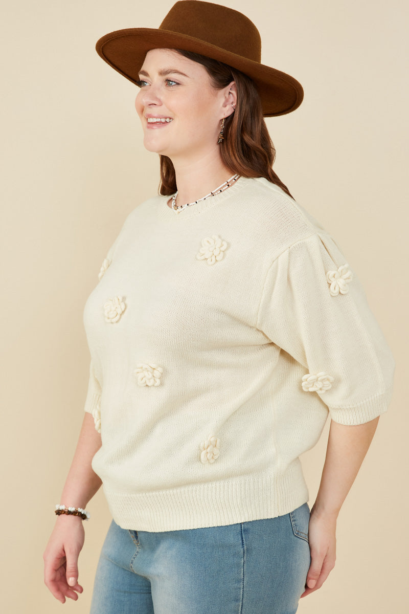 HY8509W Ivory Plus Hand Knit Floral Patch Sweater Top Full Body