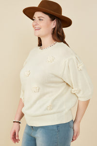 HY8509W Ivory Plus Hand Knit Floral Patch Sweater Top Full Body