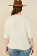 HY8509W Ivory Plus Hand Knit Floral Patch Sweater Top Side