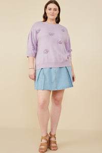HY8509W Lavender Plus Hand Knit Floral Patch Sweater Top Gif