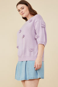 HY8509W Lavender Plus Hand Knit Floral Patch Sweater Top Full Body