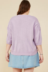 HY8509W Lavender Plus Hand Knit Floral Patch Sweater Top Side