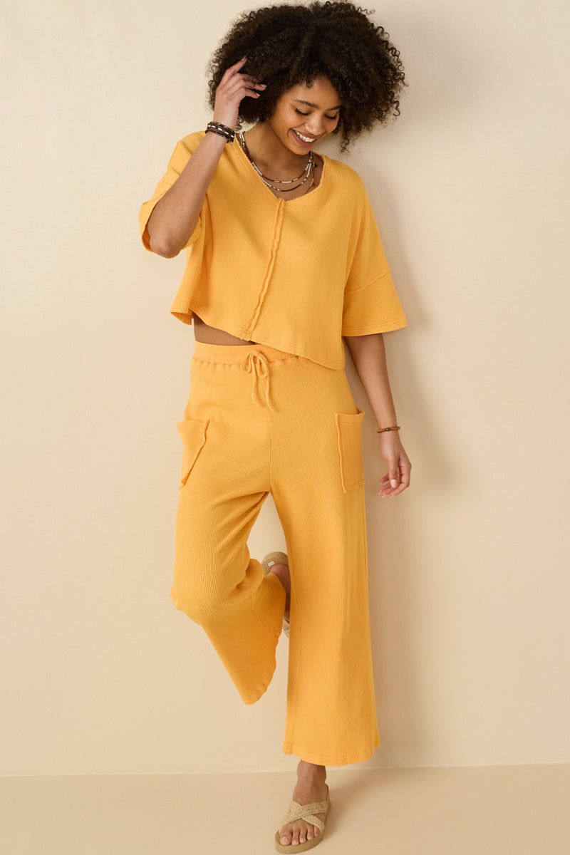 HY8514 Peach Womens Patch Pocket Relaxed Washed Waffle Knit Pants Full Body