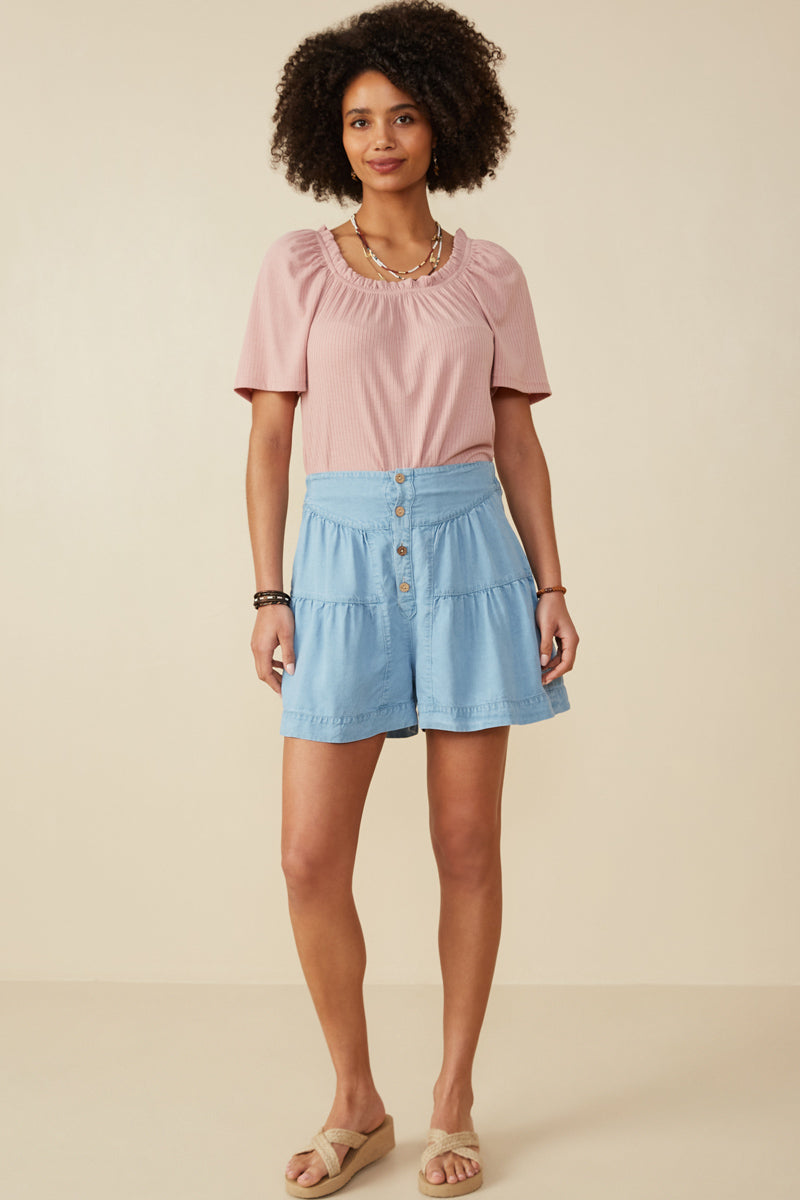 Button Detail Tiered Wideleg Tencel Shorts