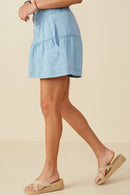 HY8518 Light Denim Womens Button Detail Tiered Wideleg Tencel Shorts Side