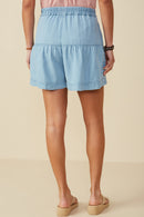 HY8518 Light Denim Womens Button Detail Tiered Wideleg Tencel Shorts Back
