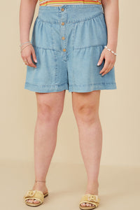 HY8518 Light Denim Womens Button Detail Tiered Wideleg Tencel Shorts Front
