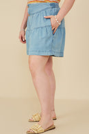 HY8518 Light Denim Womens Button Detail Tiered Wideleg Tencel Shorts Full Body