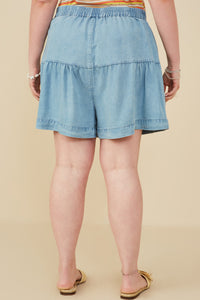 HY8518W Light_Denim Plus Button Detail Tiered Wideleg Tencel Shorts Gif
