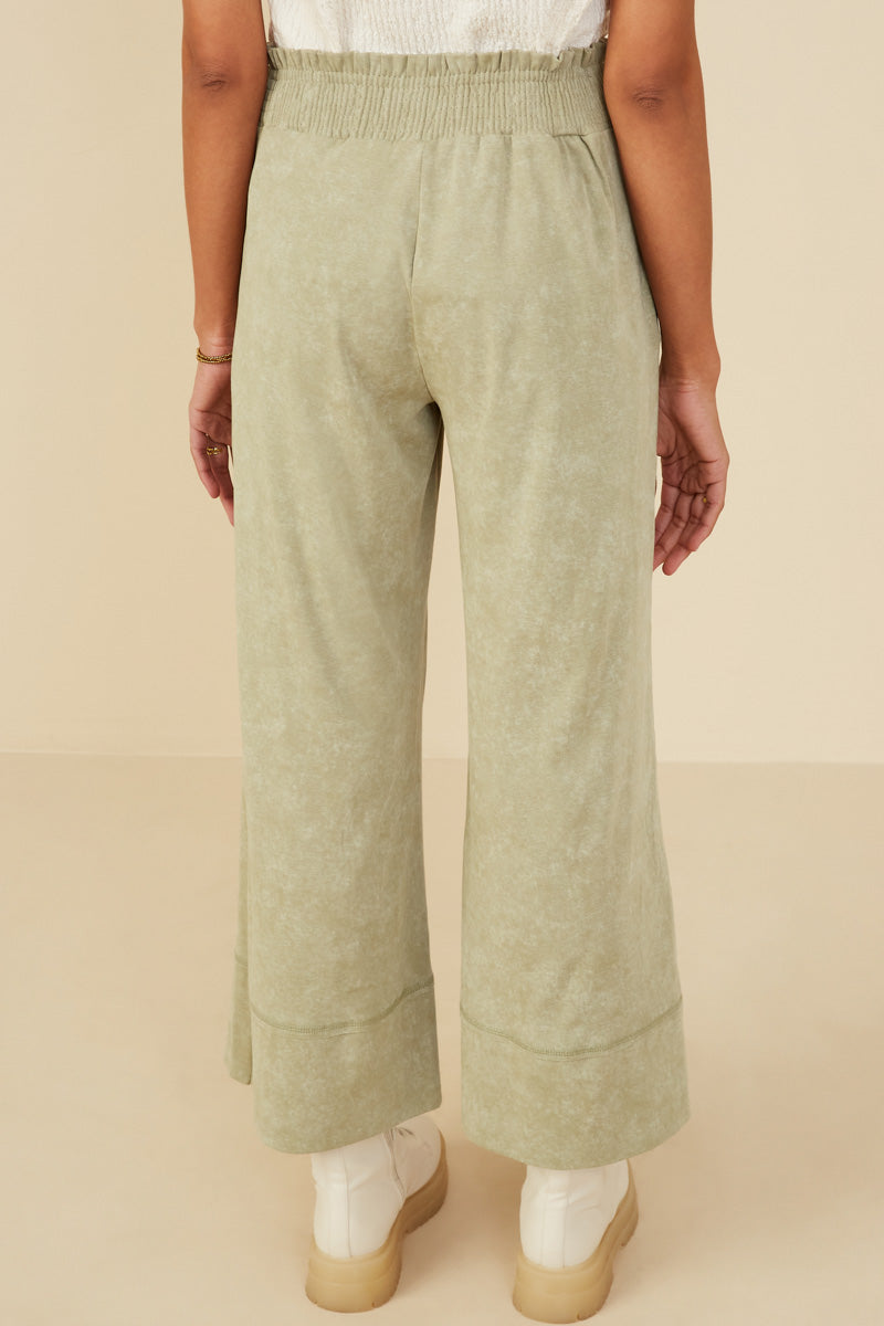 HY8520 Sage Womens Smocked Waist Washed Knit Wide Leg Pants Side