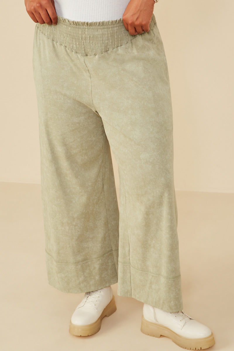 Smocked Waist Washed Knit Wide Leg Pants