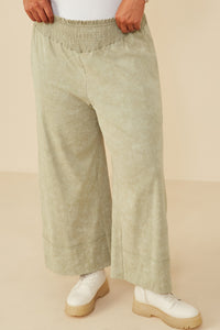 HY8520 Sage Womens Smocked Waist Washed Knit Wide Leg Pants Front