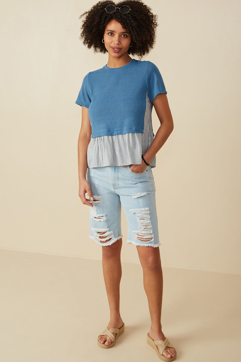 HY8522 Denim Womens Mix Media Contrast Striped Twofer Top Gif