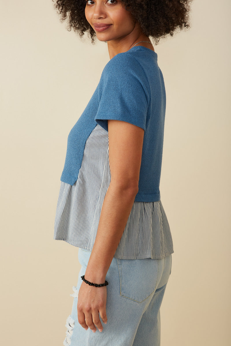 HY8522 Denim Womens Mix Media Contrast Striped Twofer Top Full Body