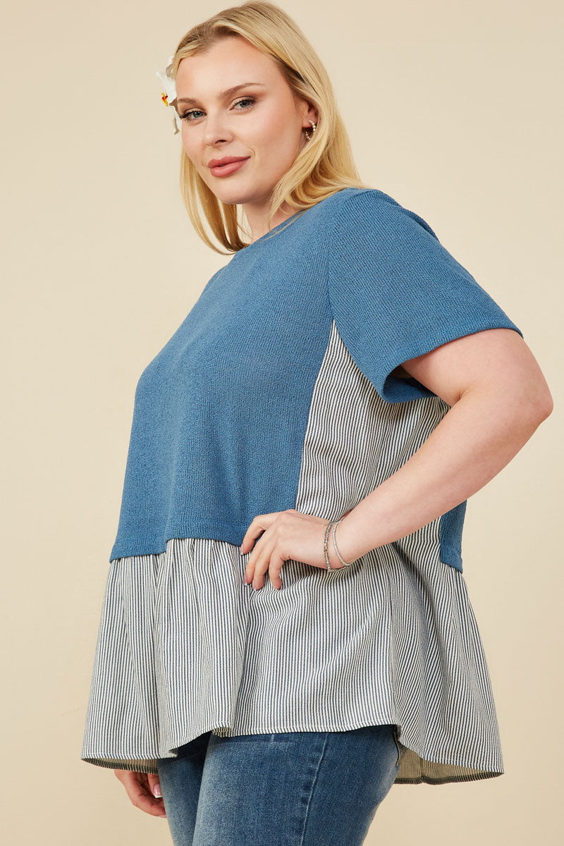 HY8522W Denim Plus Mix Media Contrast Striped Twofer Top Gif