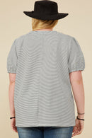 HY8524W Off White Plus Pleat Detail Striped Knit Top Full Body