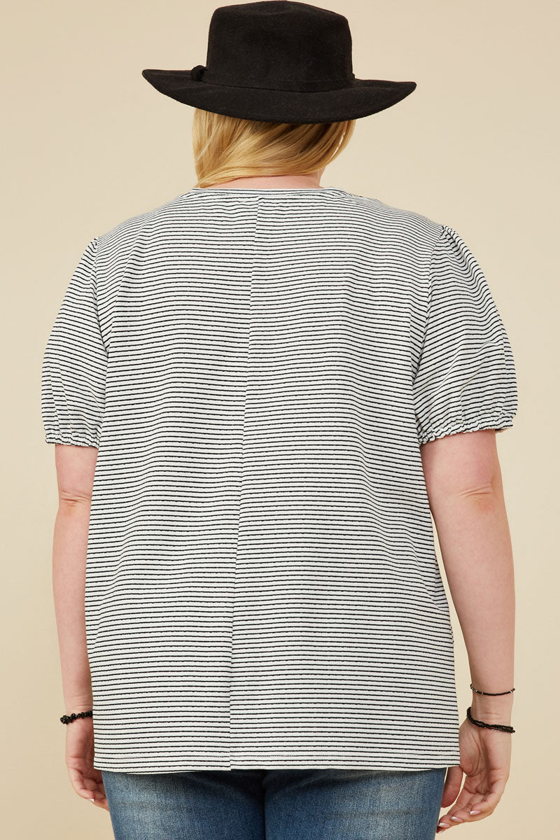 HY8524W Off White Plus Pleat Detail Striped Knit Top Full Body