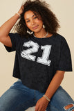 HY8525W Lavender Plus Distressed Print Washed Athletic Jersey Top Front