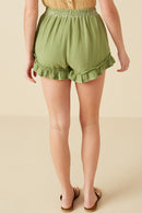 HY8529 Green Womens Washed Gauze Textured Ruffled Hem Shorts Side