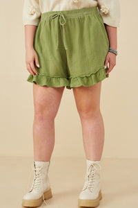 HY8529 Green Womens Washed Gauze Textured Ruffled Hem Shorts Front