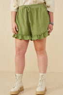 HY8529 Green Womens Washed Gauze Textured Ruffled Hem Shorts Front