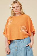 HY8531W Peach Plus Floral Embroidered Dolman Sleeve Knit Tee Front