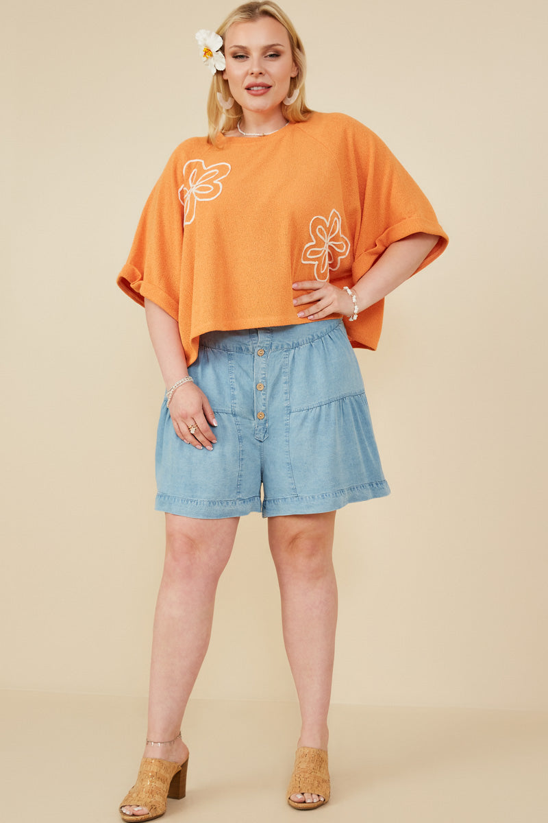 HY8531 Peach Womens Floral Embroidered Dolman Sleeve Knit Tee Back