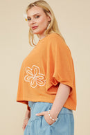 HY8531W Peach Plus Floral Embroidered Dolman Sleeve Knit Tee Gif