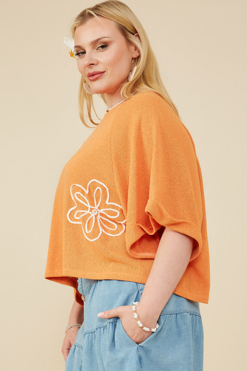 HY8531W Peach Plus Floral Embroidered Dolman Sleeve Knit Tee Gif
