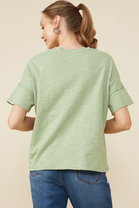 HY8539 Sage Womens Lover Verbiage Patch Raw Edge Detail T Shirt Side
