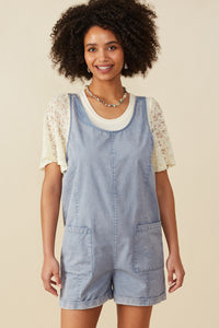 HY8542W Dusty Blue Womens Washed Patch Pocket Scoop Back Sleeveless Romper Front