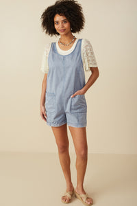 HY8542 Dusty Blue Womens Washed Patch Pocket Scoop Back Sleeveless Romper Gif