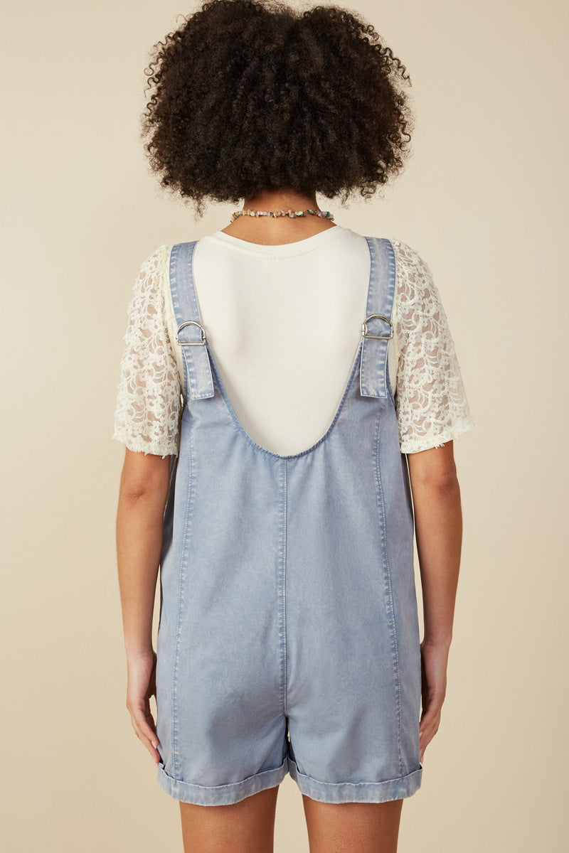 HY8542 Dusty Blue Womens Washed Patch Pocket Scoop Back Sleeveless Romper Side