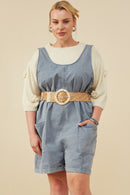 HY8542 Dusty Blue Womens Washed Patch Pocket Scoop Back Sleeveless Romper Full Body