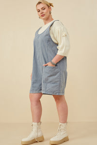 HY8542 Dusty Blue Womens Washed Patch Pocket Scoop Back Sleeveless Romper Back