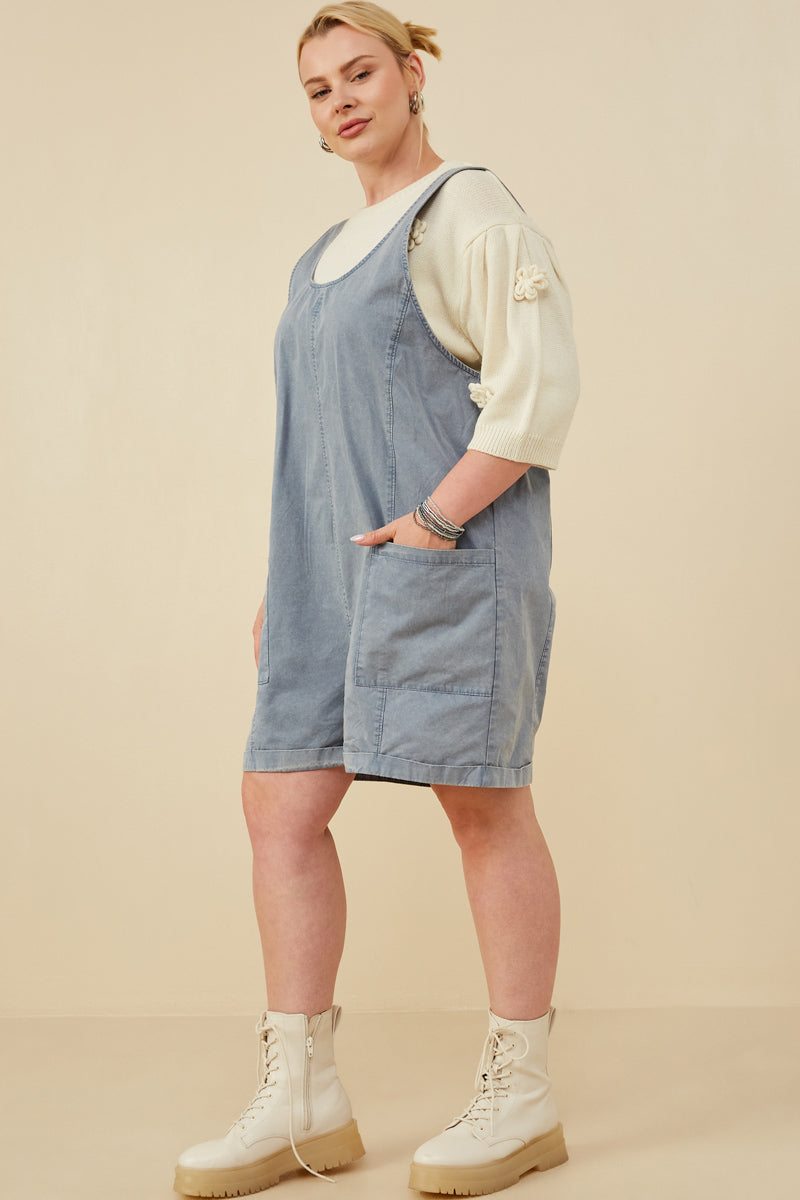 HY8542 Dusty Blue Womens Washed Patch Pocket Scoop Back Sleeveless Romper Back