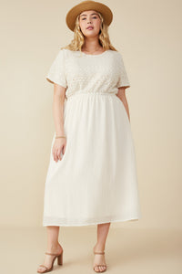 HY8553 Oatmeal Womens Crochet Mix Media Midi Dress Front