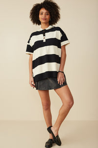 HY8566 Black Womens Engineered Block Striped Hooded Knit Tunic Full Body