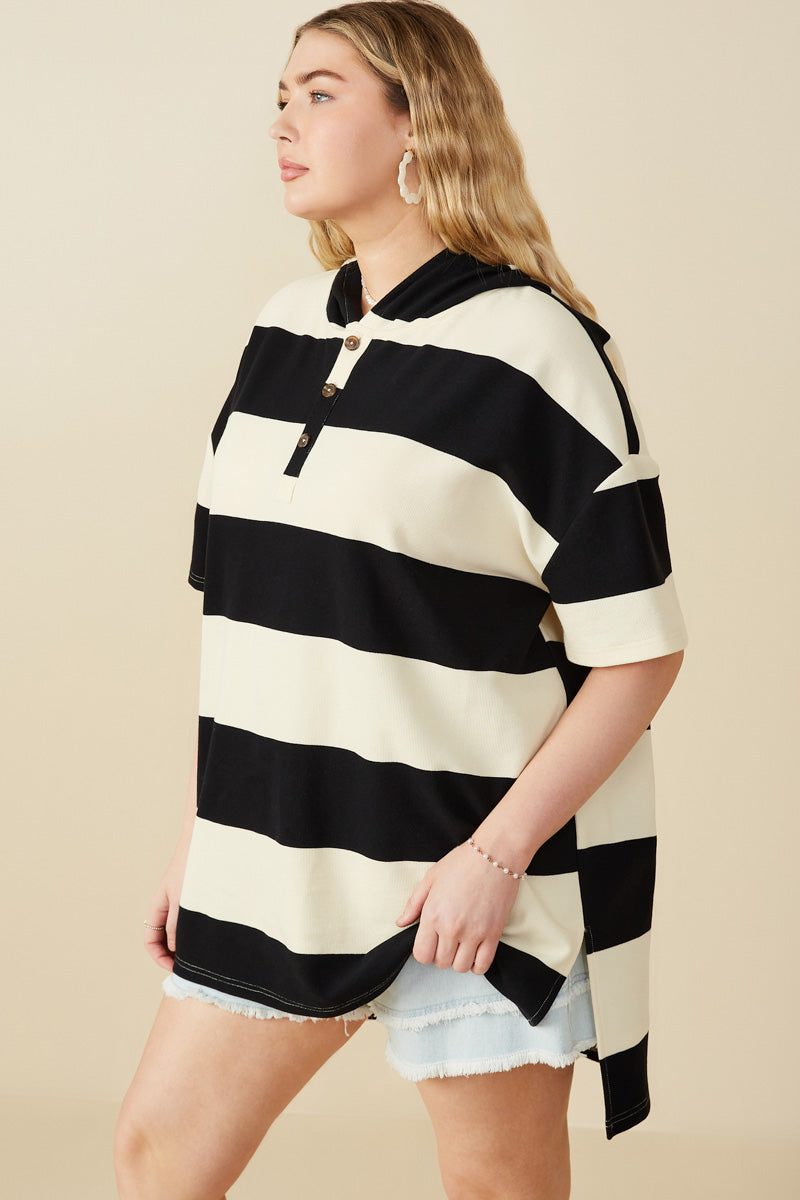 HY8566W Black Plus Engineered Block Striped Hooded Knit Tunic Side